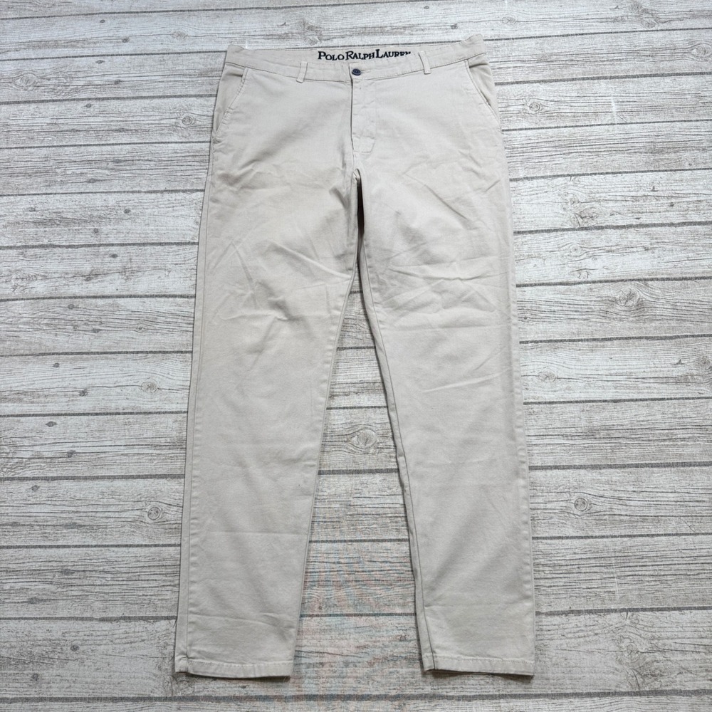 Polo Ralph Lauren Pants Men's 34 Beige Cotton Tapered Flat Front Classic Chino